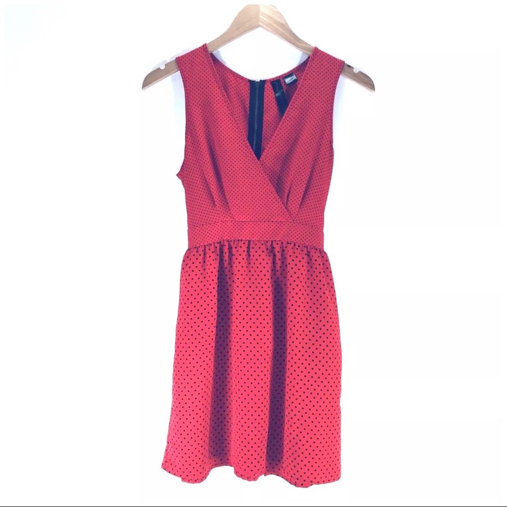Red Black Polka Dots Sleeveless Faux Wrap Dress